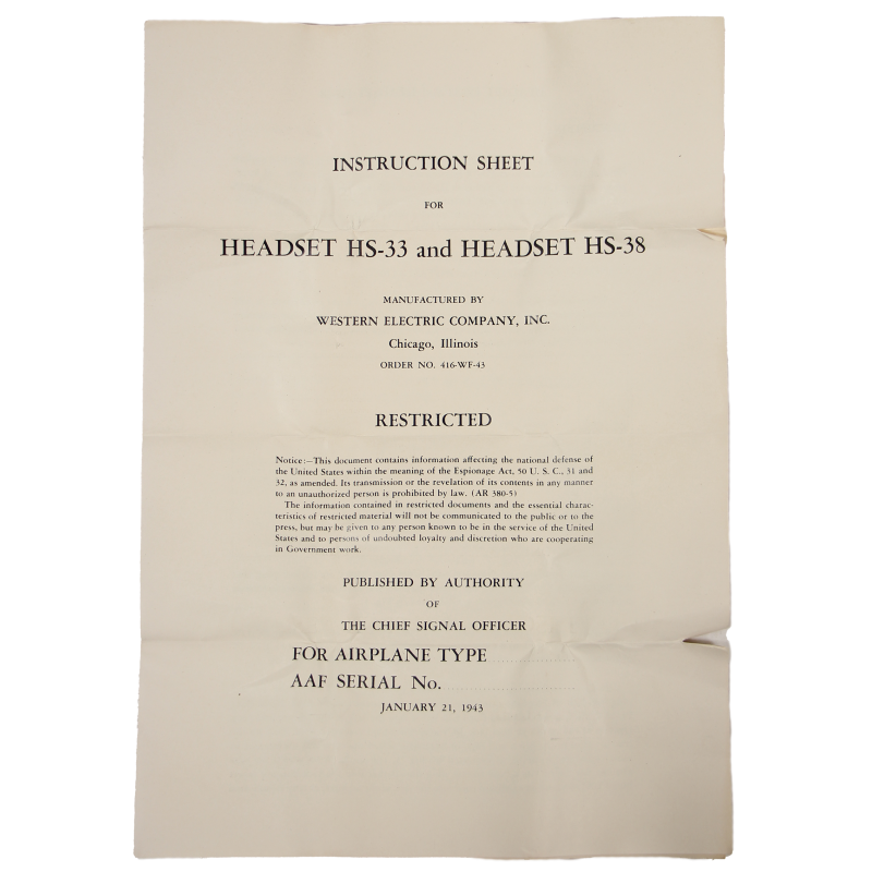 Sheet, Instruction, Headsets HS-33 & HS-38, USAAF, 1943