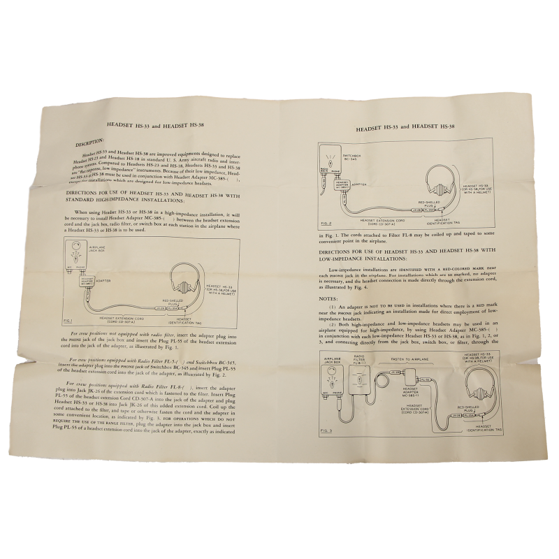 Notice pour écouteurs HS-33 & HS-38, USAAF, 1943