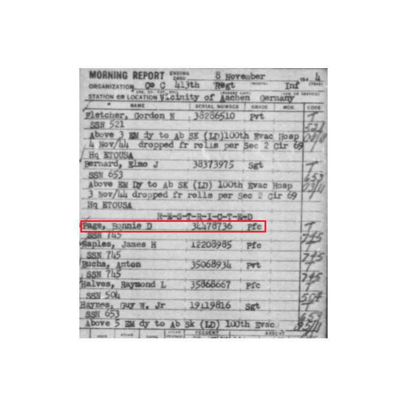 Sac paquetage (Barrack Bag), Pfc. Bonnie Page, Co. C, 413th Inf. Regt., 104th Infantry Division, ETO