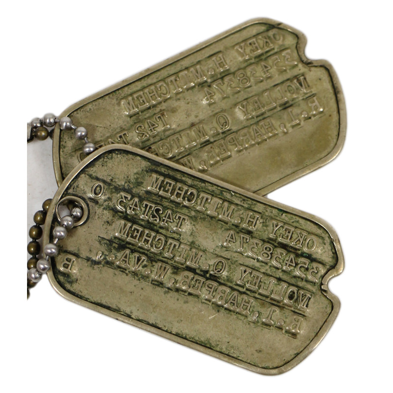 Plaques d'identité, Dog Tags, Pfc. Okey Mitchem, Battery C, 359th Field Art. Bn., 95th Infantry Division, ETO