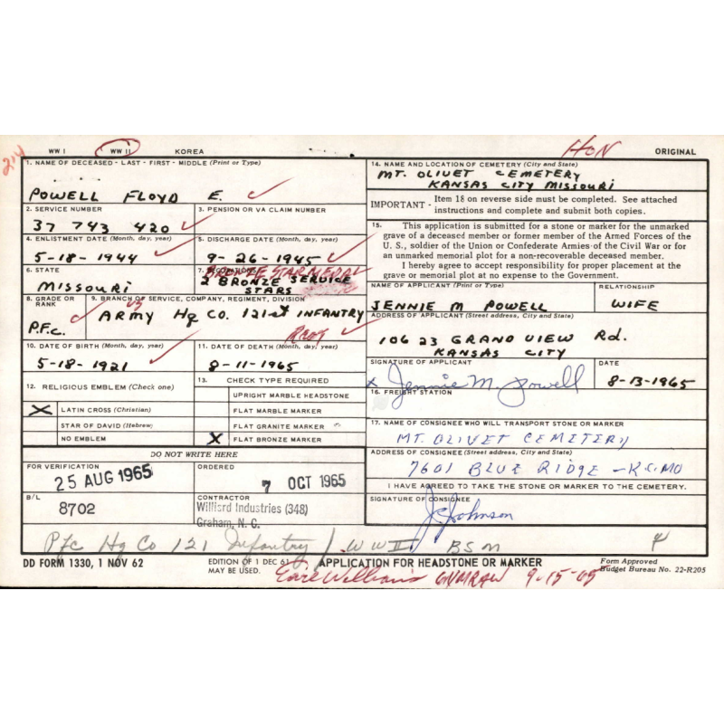 Plaque d'identité, Dog Tag, Pfc. Floyd Powell, 121st Inf. Regt., 8th Infantry Division, ETO