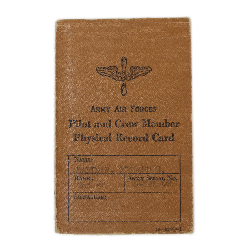 Card, Physical Record, Army Air Forces, 2nd Lt. Steward Hartman, 403rd TCG, 13th Air Force, USAAF, PTO