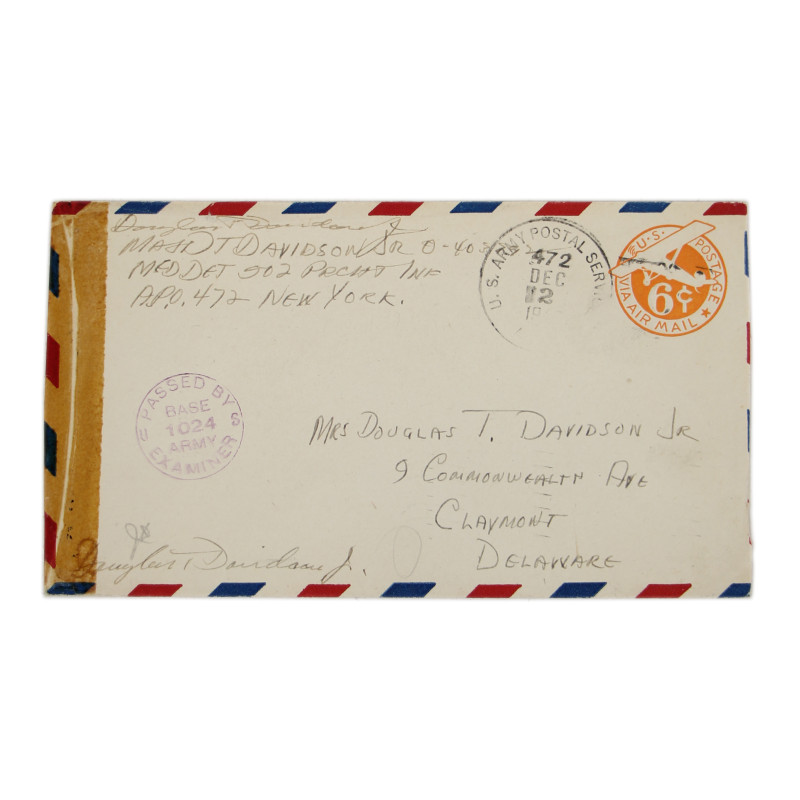 Envelope, Letter, Maj. Douglas Davidson, 502nd PIR, 101st Airborne Division, 1943