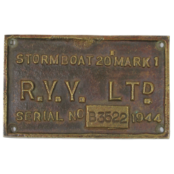 Plaque en bronze britannique, Storm Boat 20 Mark 1, R.Y.Y. LTD. 1944, Royal Engineers