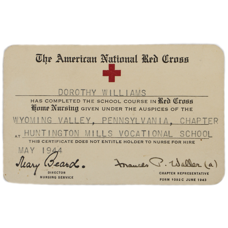 Certificat, formation d'infirmière, American Red Cross, Dorothy Williams, mai 1944