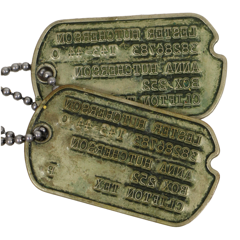 Dog Tags, Pfc. Lester Hutcherson, Anti-Tank Co., 413th Inf. Regt., 104th Infantry Division, ETO