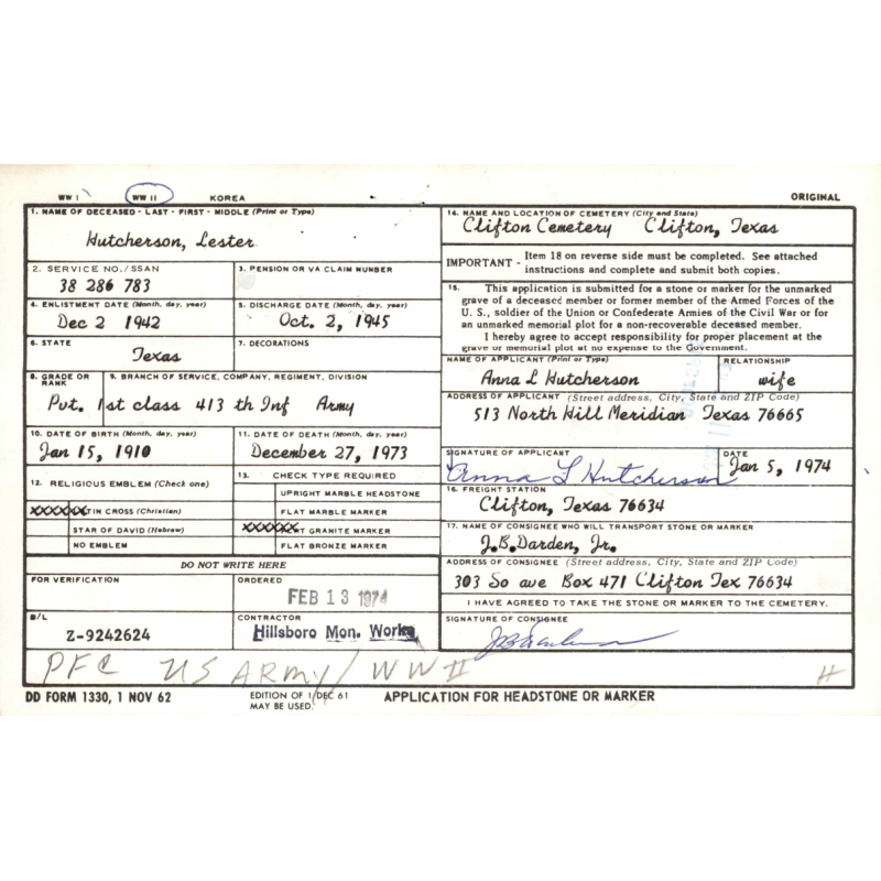 Dog Tags, Pfc. Lester Hutcherson, Anti-Tank Co., 413th Inf. Regt., 104th Infantry Division, ETO