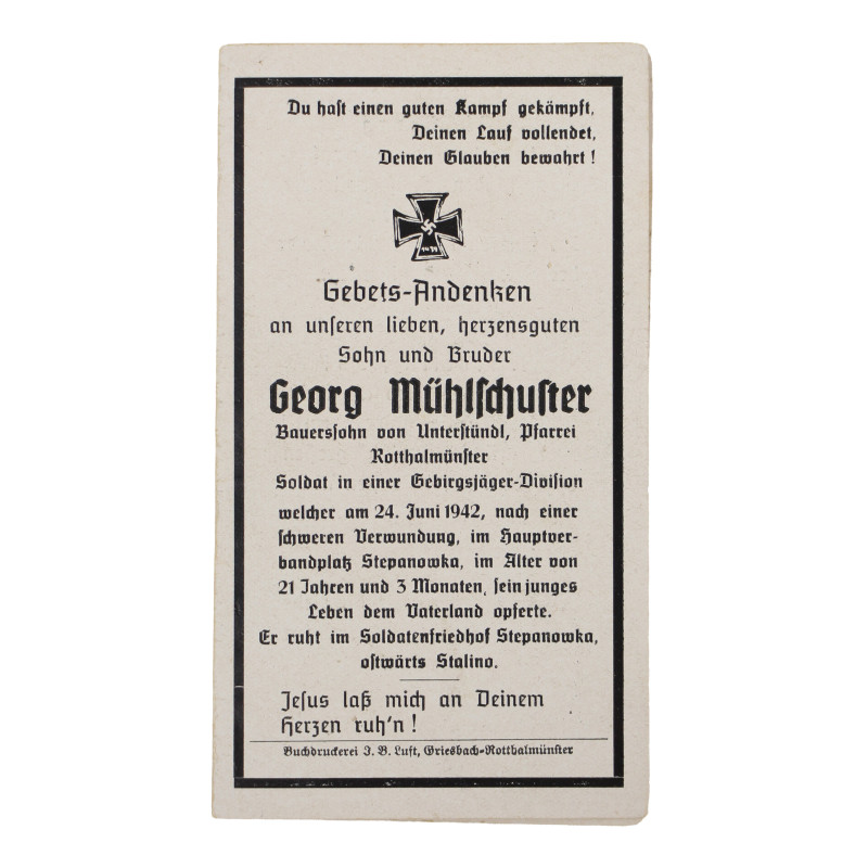 Sterbebilder, carte du souvenir, Georg Mühlschuster, Gebirgsjäger-Regiment 13, Ukraine, 24 juin 1942