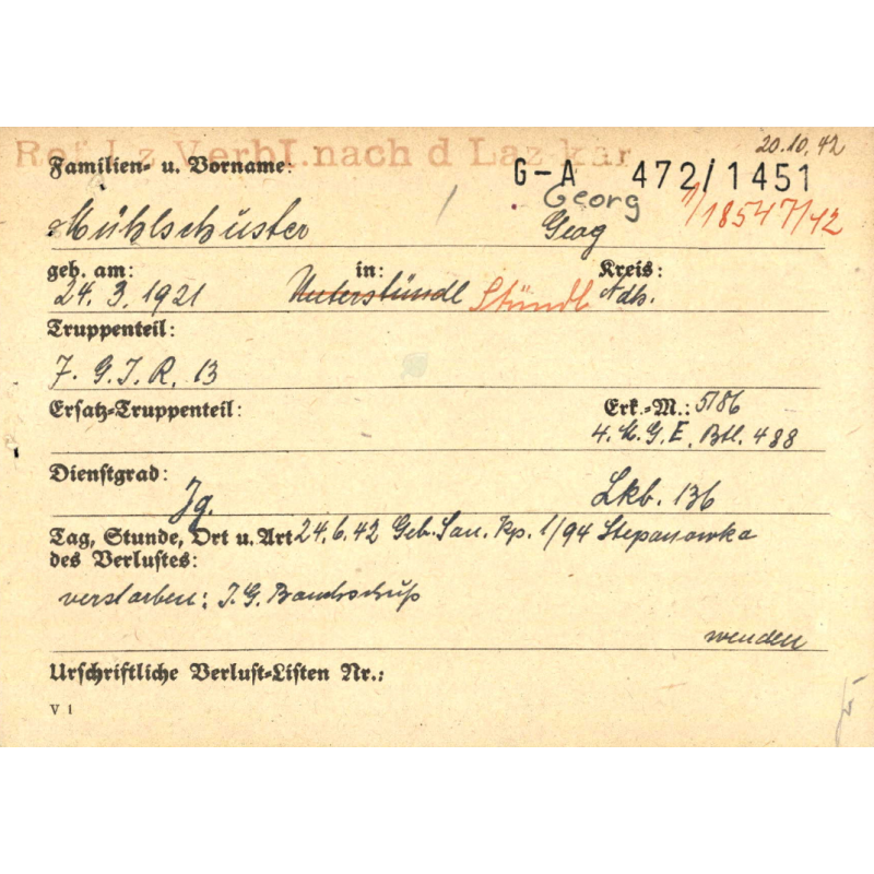 Sterbebilder, carte du souvenir, Georg Mühlschuster, Gebirgsjäger-Regiment 13, Ukraine, 24 juin 1942