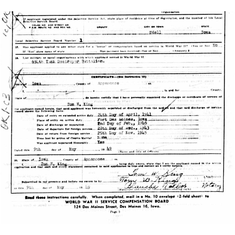 Dog Tags, WO (JG) Tom King, Hq. Co., 634th Tank Destroyer Bn., ETO