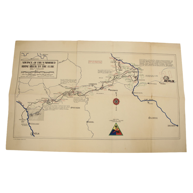 Carte, ADVANCE OF THE 5TH ARMORED VICTORY DIVISION - RHINE RIVER TO THE ELBE, 1945