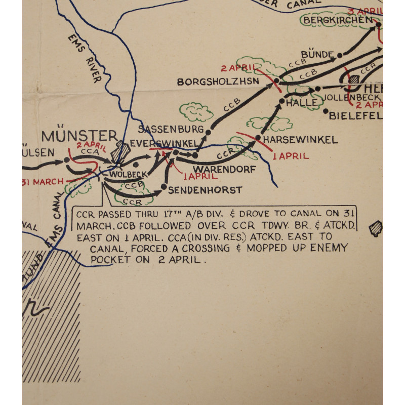 Map, ADVANCE OF THE 5TH ARMORED VICTORY DIVISION - RHINE RIVER TO THE ELBE, 1945