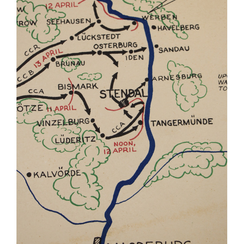Map, ADVANCE OF THE 5TH ARMORED VICTORY DIVISION - RHINE RIVER TO THE ELBE, 1945