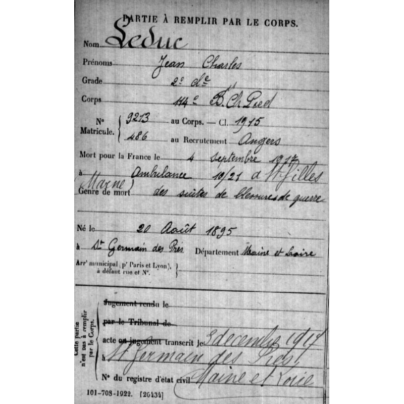 Casque Adrian, Mle 1915, soldat Jean Leduc, 3e Cie, 114e BCA, mort de ses blessures en septembre 1917