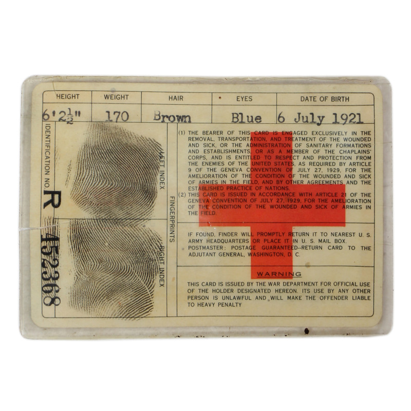 Carte d'identité, Medical Department, 1944, 2e type, Pfc. Robert Smart, CBI