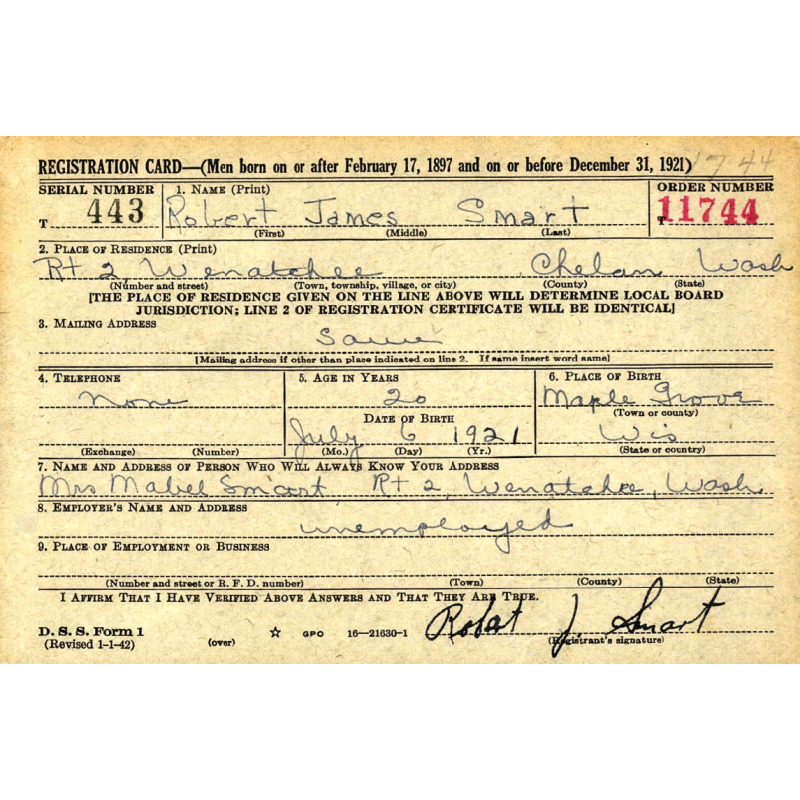 Carte d'identité, Medical Department, 1944, 2e type, Pfc. Robert Smart, CBI