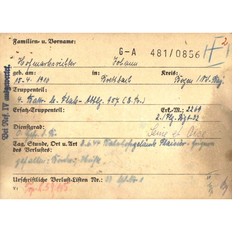 Sterbebilder, carte du souvenir, Ob. Gefr. Johann Hofmarksrichter, Flak-Regiment, Luftwaffe, 3 juin 1944
