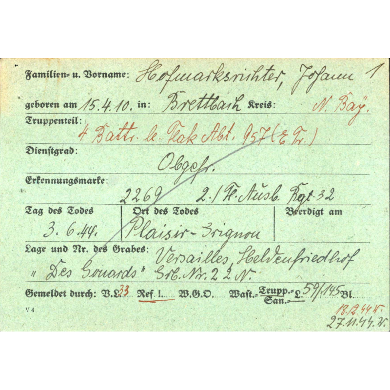 Sterbebilder, carte du souvenir, Ob. Gefr. Johann Hofmarksrichter, Flak-Regiment, Luftwaffe, 3 juin 1944