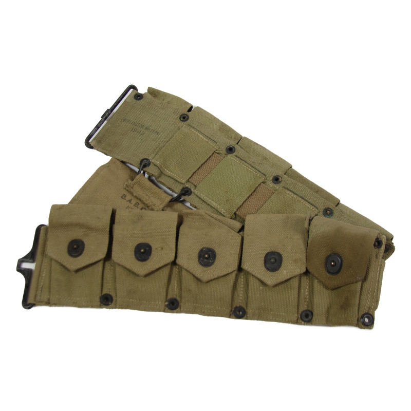 Belt, Cartridge, M1 Rifle, BURLINGTON MILLS, INC. 1943, with First-Aid Pouch, B.A.B. CO. 1942, Laundry Number