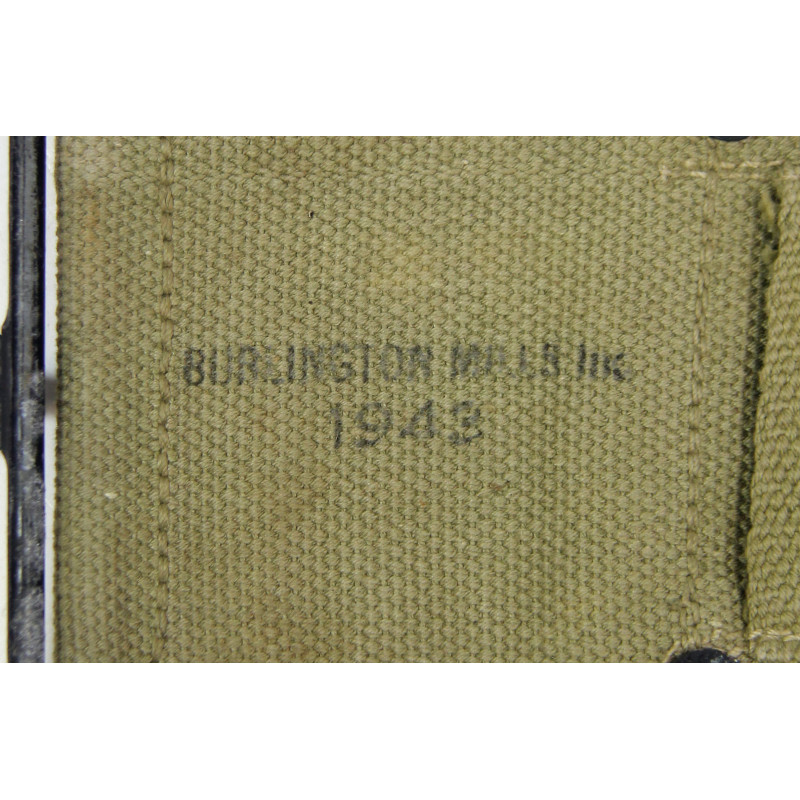 Ceinturon cartouchière M1 Garand, BURLINGTON MILLS, INC. 1943, pochette à pansement M-1942, B.A.B. CO. 1942, matricule partiel