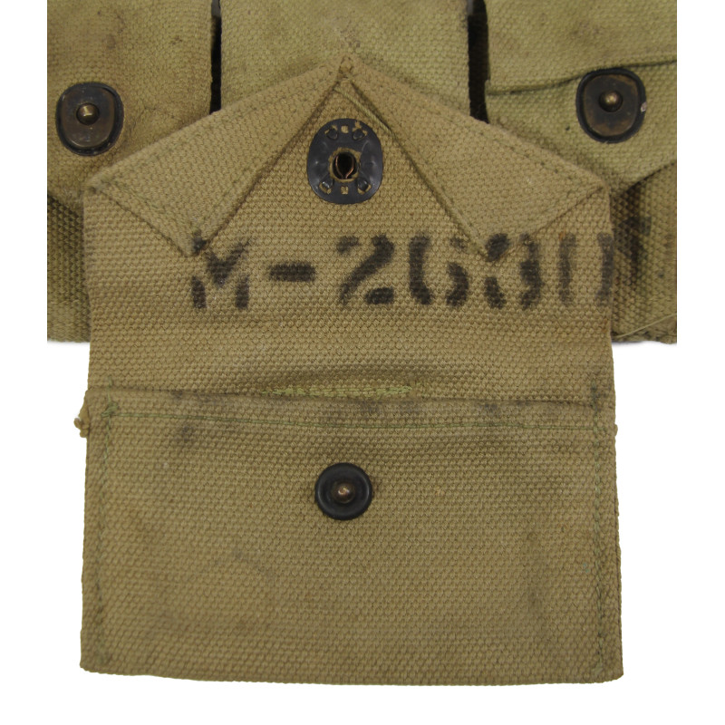 Ceinturon cartouchière M1 Garand, BURLINGTON MILLS, INC. 1943, pochette à pansement M-1942, B.A.B. CO. 1942, matricule partiel