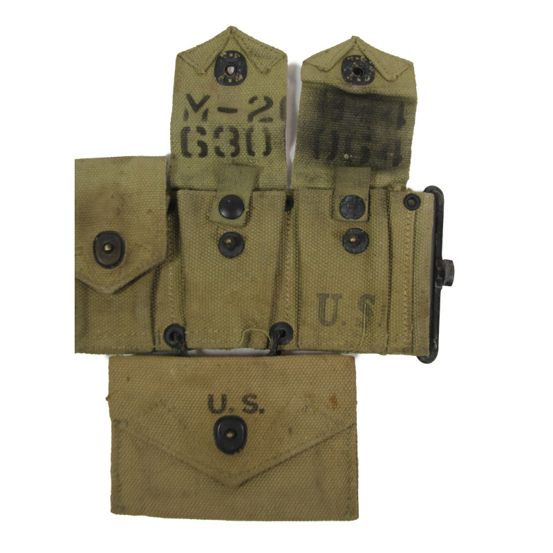 Ceinturon cartouchière M1 Garand, BURLINGTON MILLS, INC. 1943, pochette à pansement M-1942, B.A.B. CO. 1942, matricule partiel