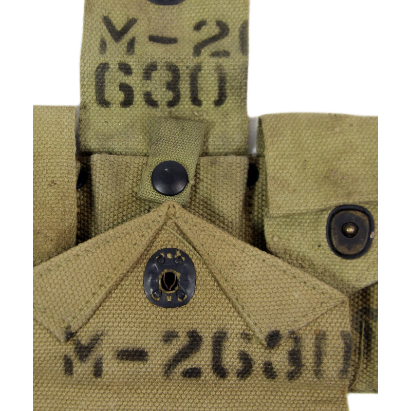 Ceinturon cartouchière M1 Garand, BURLINGTON MILLS, INC. 1943, pochette à pansement M-1942, B.A.B. CO. 1942, matricule partiel