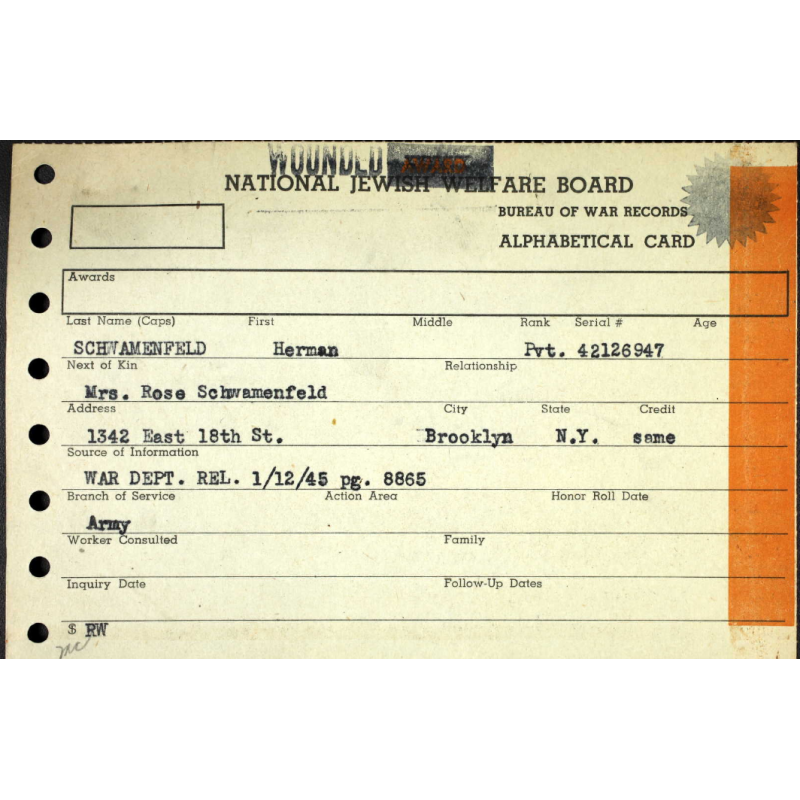 Medal, Purple Heart, Pvt. Herman Schwamenfeld, Co. I., 18th Inf. Regt., 1st Infantry Division, WIA, Belgium