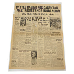 Page, Front, Newspaper, The Bakersfield Californian, June 9, 1944, 'Battle Raging For Carentan, Nazi Resistance Increasing'