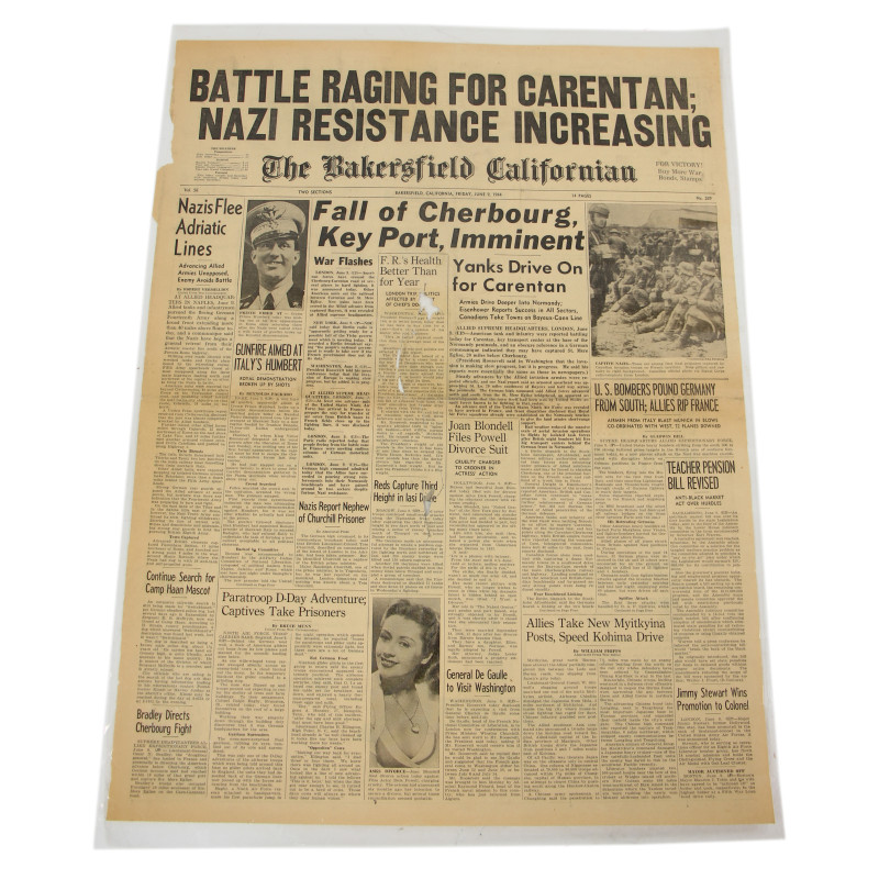 Page, Front, Newspaper, The Bakersfield Californian, June 9, 1944, 'Battle Raging For Carentan, Nazi Resistance Increasing'