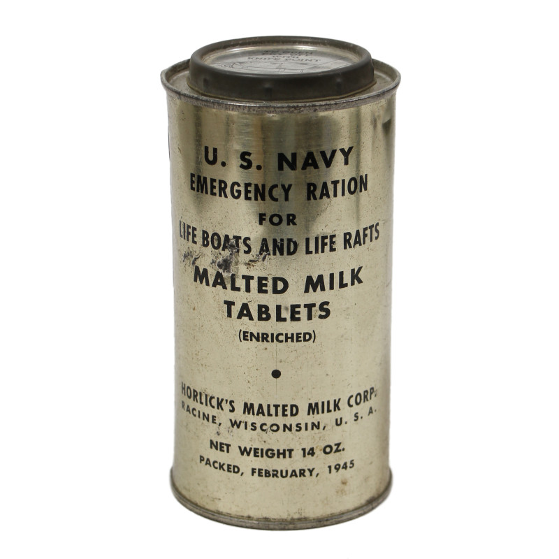 Boîte de comprimés de lait malté, US Navy, Emergency Rations For Life Rafts and Boats, intacte
