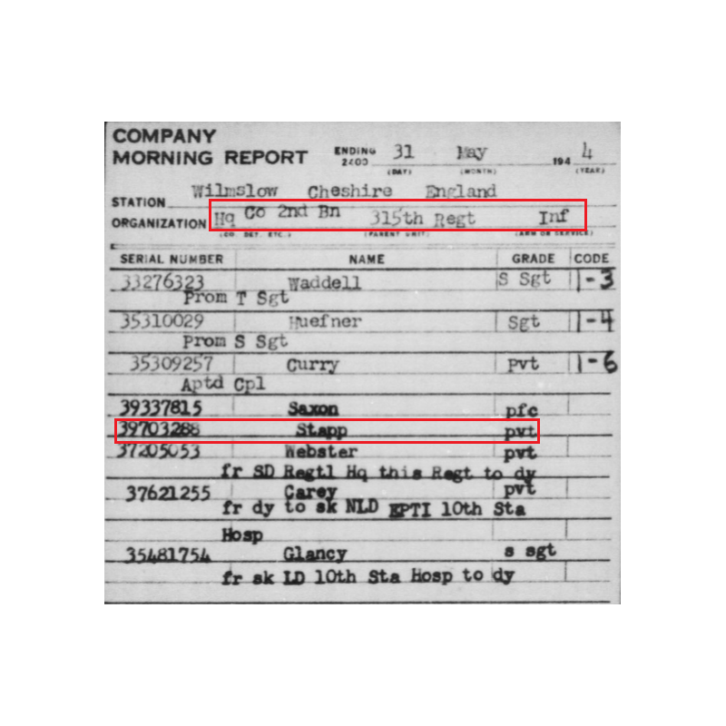 Grouping, Pvt. Clifton Stapp, Hq. Co., 2nd Bn., 315th Inf. Regt., 79th Infantry Division, POW, ETO