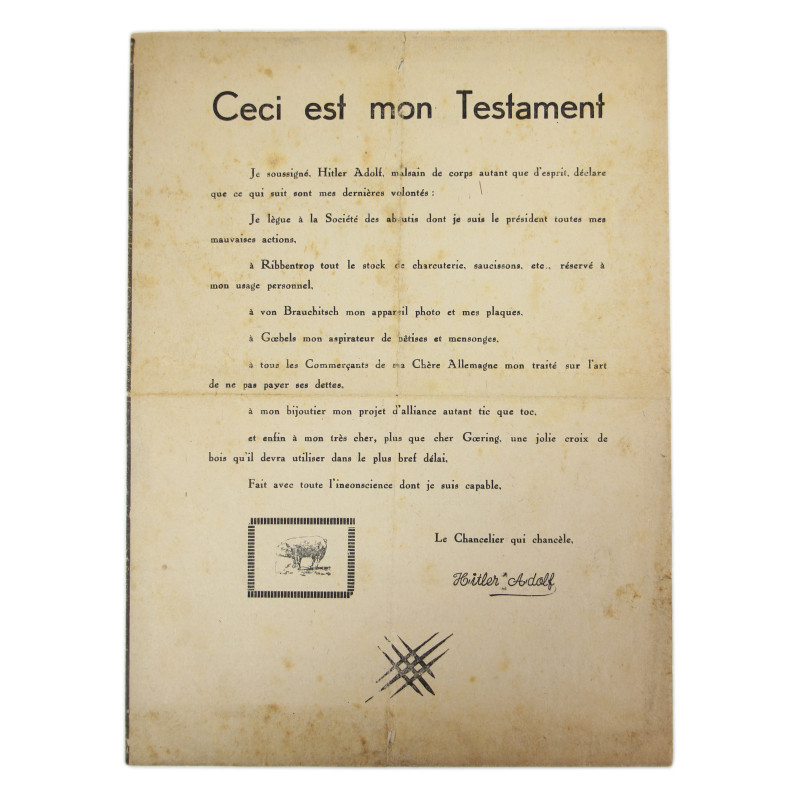 Leaflet, Satirical, French, Adolf Hitler's Obituary