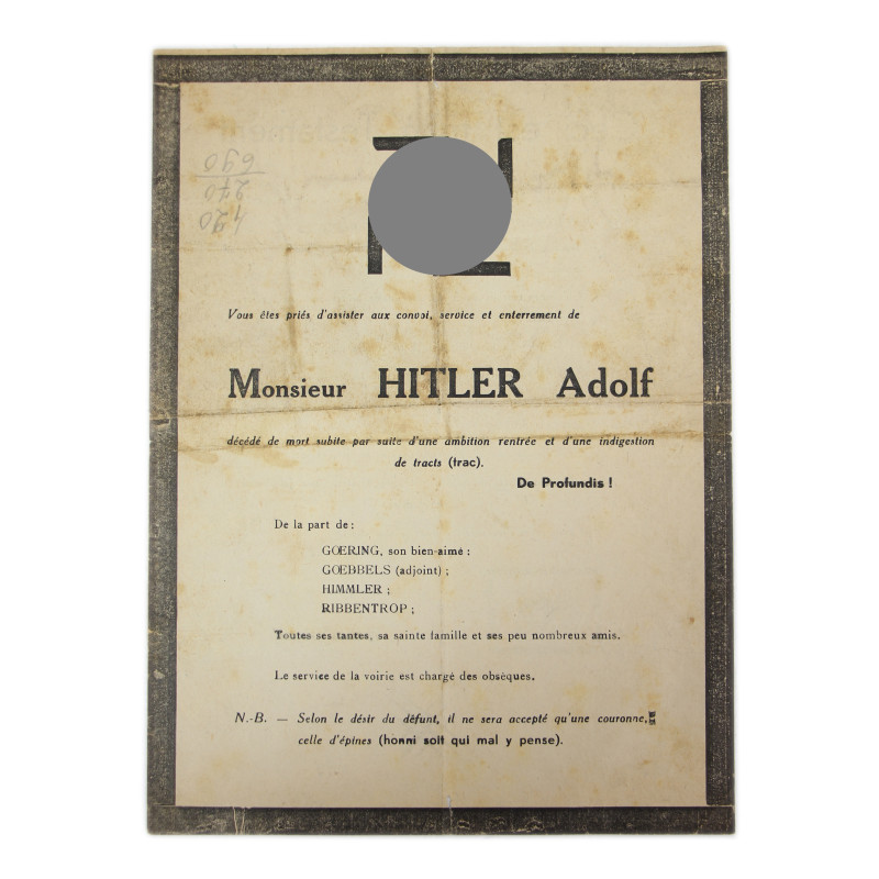 Leaflet, Satirical, French, Adolf Hitler's Obituary