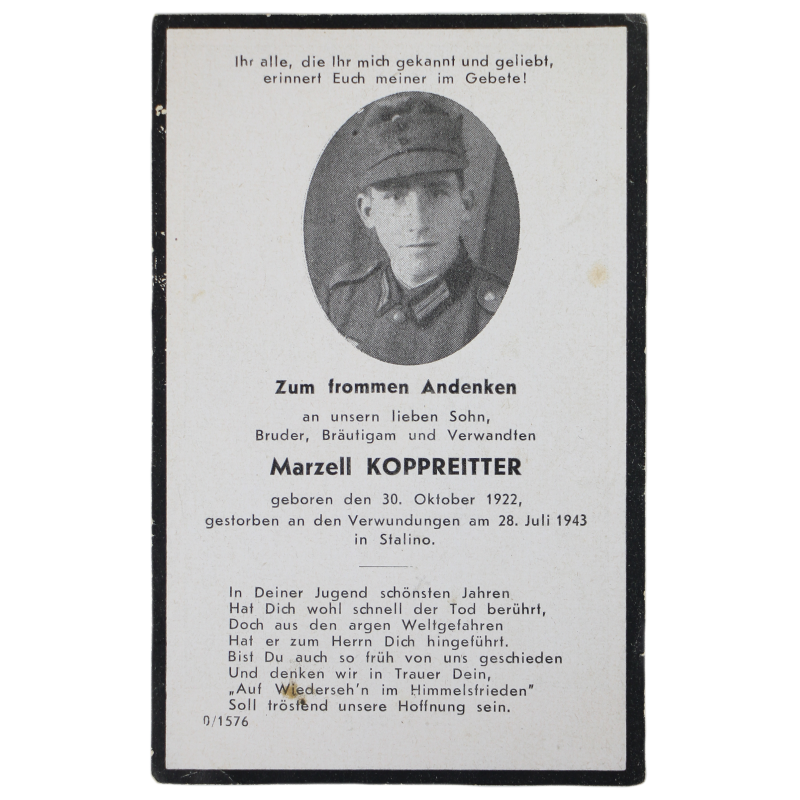 Sterbebild, Remembrance Card, Gefr. Marzell Koppreitter, 'Malgré-nous', Gebirgsjäger-Regiment 138, Heer, 1943