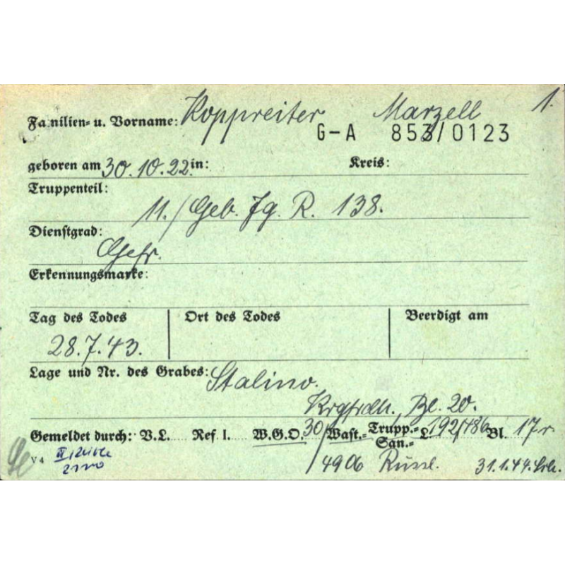 Sterbebilder, Remembrance Card, Gefr. Marzell Koppreitter, 'Malgré-nous', Gebirgsjäger-Regiment 138, Heer, 1943