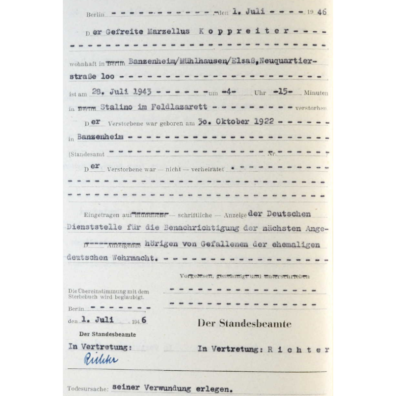 Sterbebilder, Remembrance Card, Gefr. Marzell Koppreitter, 'Malgré-nous', Gebirgsjäger-Regiment 138, Heer, 1943