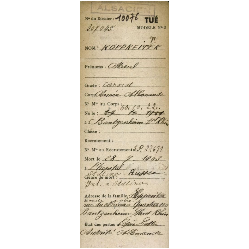 Sterbebilder, Remembrance Card, Gefr. Marzell Koppreitter, 'Malgré-nous', Gebirgsjäger-Regiment 138, Heer, 1943