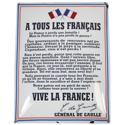 Pancarte émaillée, APPEL DU 18 juin 1940, 40 x 30 cm