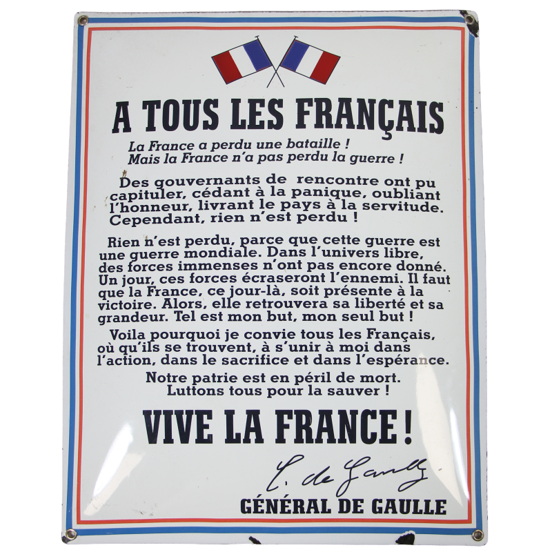 Pancarte émaillée, APPEL DU 18 juin 1940, 40 x 30 cm