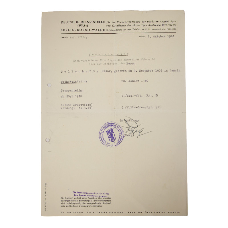 Soldbuch, Ob. Gefr. Oskar Tellschaft, Heer