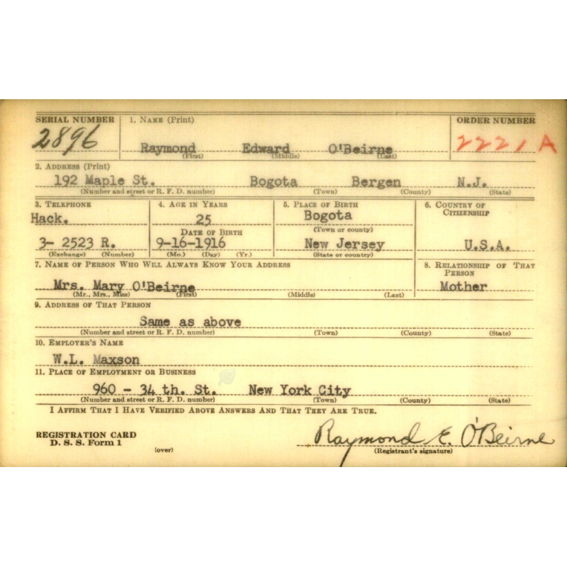 Medal, Purple Heart, Sgt. Raymond O'Beirne, Co. M, 121st Inf. Regt., 8th Infantry Division, KIA, August 14, 1944