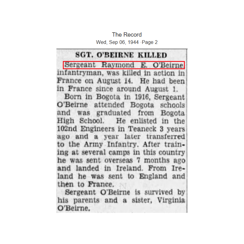 Medal, Purple Heart, Sgt. Raymond O'Beirne, Co. M, 121st Inf. Regt., 8th Infantry Division, KIA, August 14, 1944