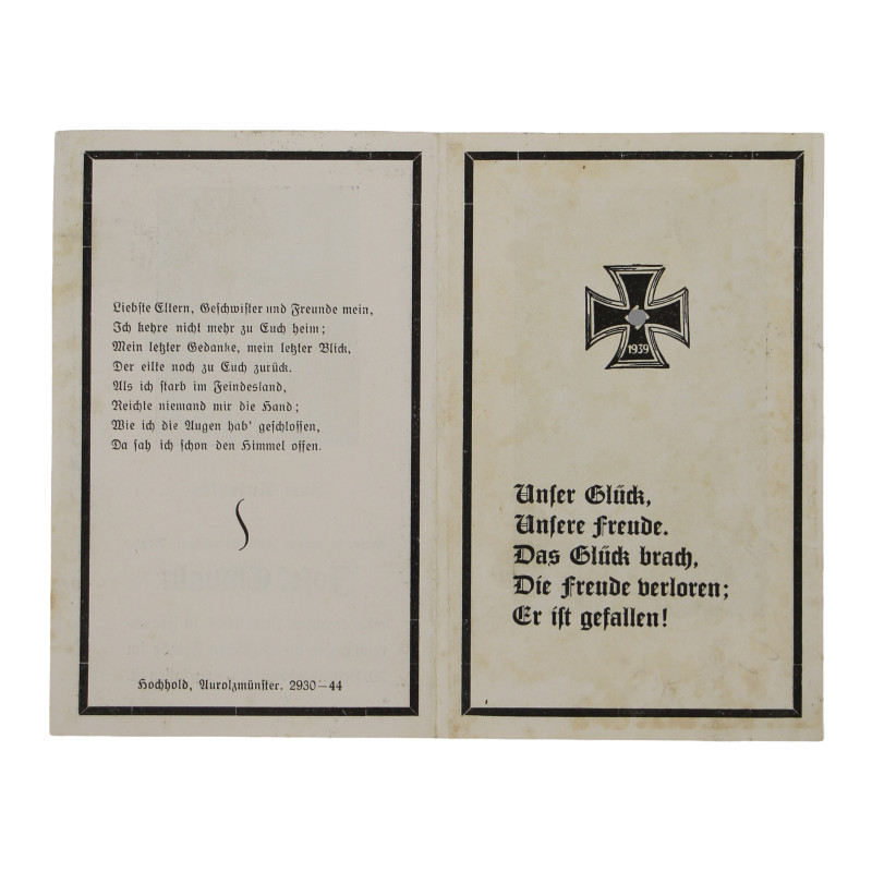 Sterbebilder, carte du souvenir, Gefr. Joseph Chwala, 6.Fallschirmjäger-Regiment, 8 juin 1944, Normandie