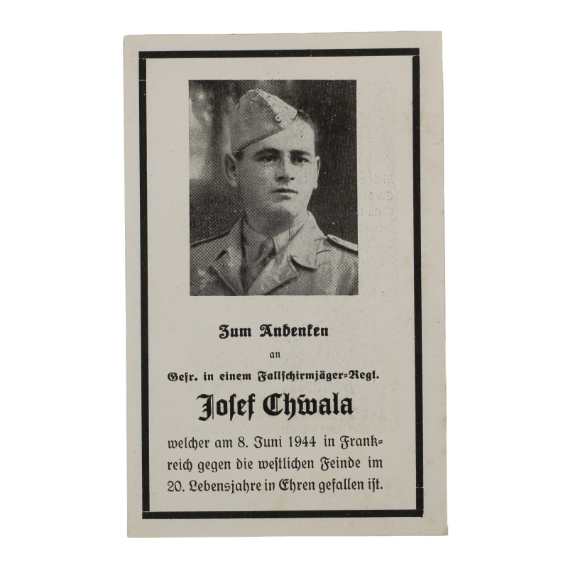Sterbebilder, carte du souvenir, Gefr. Joseph Chwala, 6.Fallschirmjäger-Regiment, 8 juin 1944, Normandie