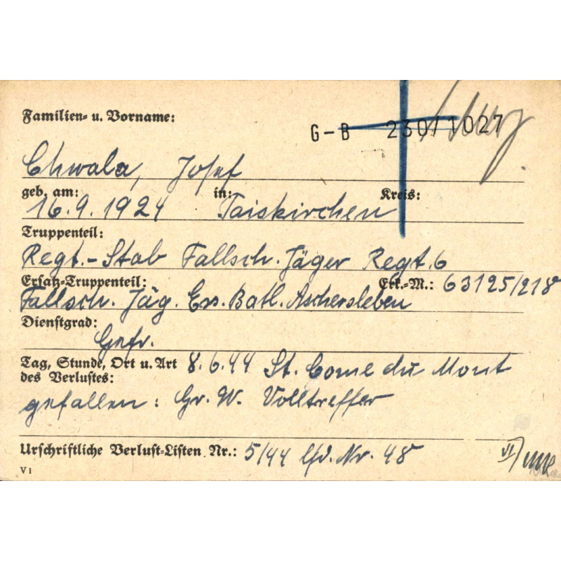 Sterbebilder, Remembrance Card, Gefr. Joseph Chwala, Fallschirmjäger-Regiment 6, June 8, 1944, Normandy