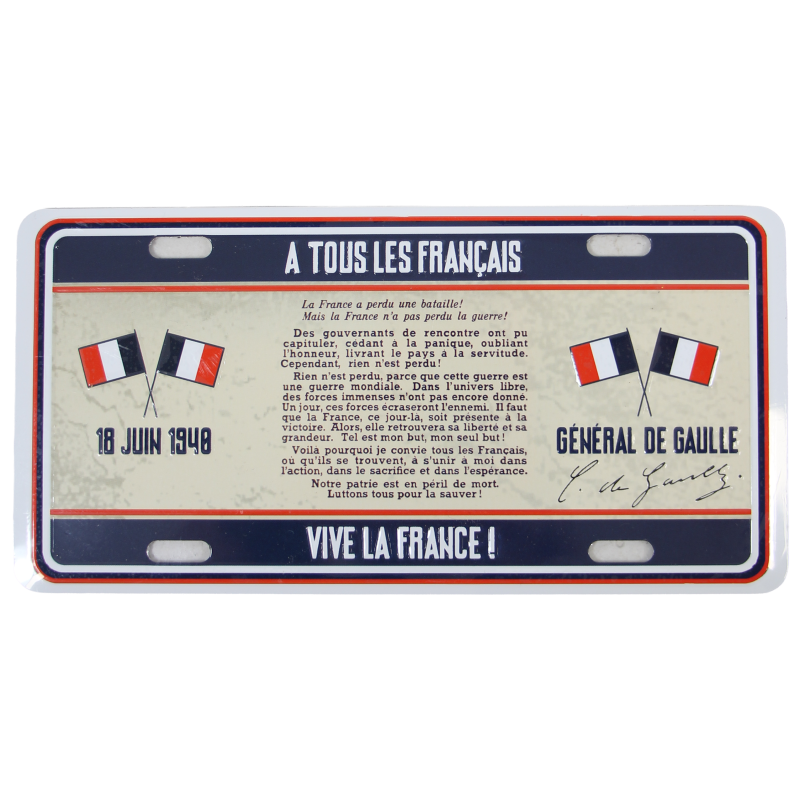 Plaque métal, Appel du 18 juin 1940, petit modèle