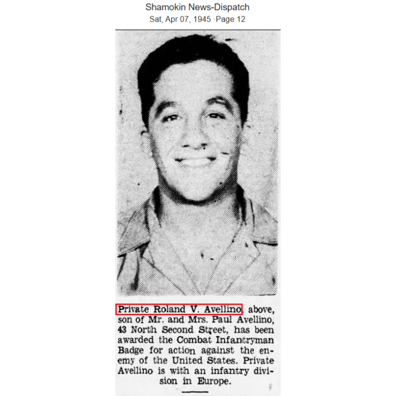 Grouping, Pfc. Roland Avellino, Co. G., 401st Glider Inf. Regt., 82nd Airborne Division, WIA, ETO