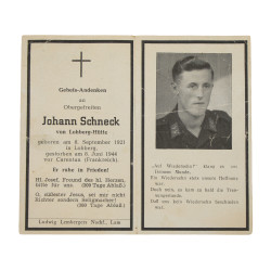 Sterbebilder, carte du souvenir, Ob. Gefr. Johann Schneck, Fallschirmjäger-Regiment 6, 8 juin 1944, Normandie
