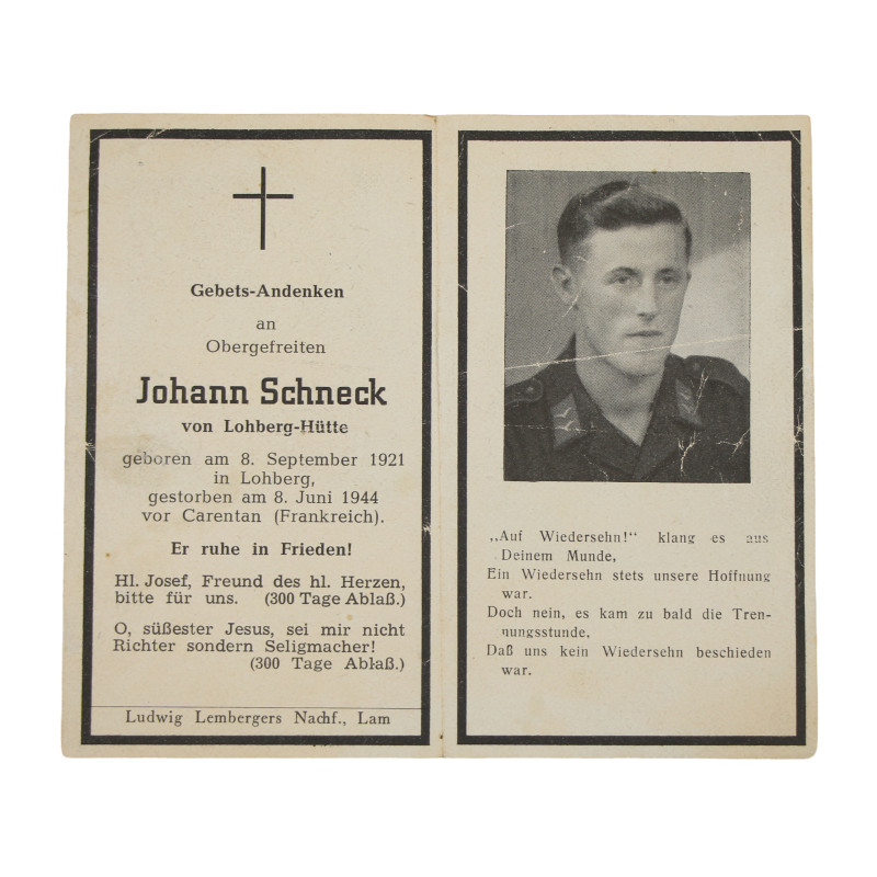 Sterbebilder, carte du souvenir, Ob. Gefr. Johann Schneck, Fallschirmjäger-Regiment 6, 8 juin 1944, Normandie